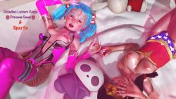2girls 3d akkadian_lantern_corps blue_hair blush breasts highres honey_select indoors kyoshourz large_areolae loli multiple_girls nail_polish perky_breasts pink_nails princess_sassi public_indecency puffy_areolae puffy_nipples small_breasts tagme twintails wonder_woman rating:Explicit score:37 user:sasami