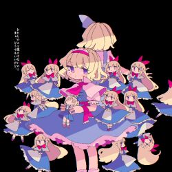  6+girls alice_margatroid alice_margatroid_(pc-98) bisukyuwi blonde_hair blue_dress blue_hairband bow capelet doll dress dual_persona frilled_hairband frills grimoire_of_alice hair_bow hairband highres lolita_hairband multiple_girls purple_eyes red_hairband ribbon shanghai_doll short_hair suspenders touhou touhou_(pc-98) white_capelet 