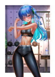  1girl absurdres armpits blue_hair blush bottle breasts breath crossed_arms earrings exercise_machine flat_chest green_ribbon grey_eyes gym hair_ornament hair_ribbon highres hololive hoshimachi_suisei indoors jagoo jewelry looking_at_viewer multicolored_hair pants plant ribbon small_breasts sports_bra sportswear star_(symbol) star_hair_ornament stomach stretching sweat two-tone_hair virtual_youtuber water_bottle weights  rating:Sensitive score:21 user:danbooru
