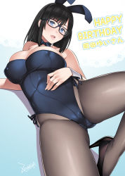  1girl animal_ears bare_shoulders black_hair black_leotard blue_eyes breasts commentary covered_erect_nipples covered_navel detached_collar fake_animal_ears glasses gradient_background high_heels highres large_breasts leotard lipstick looking_at_viewer lying makeup open_mouth original pantyhose playboy_bunny rabbit_ears short_hair signature simple_background solo strapless strapless_leotard wrist_cuffs zonda_(solid_air)  rating:Sensitive score:35 user:danbooru