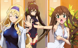  &gt;:o 10s 3girls :o ;) absurdres adjusting_clothes angry armpits bare_shoulders black_hair black_legwear black_leotard blonde_hair blue_eyes blue_hairband blue_leotard blush bodysuit bracelet breast_envy breasts brown_hair cecilia_alcott closed_mouth collared_shirt covered_navel covering_privates covering_breasts cowboy_shot curly_hair dengeki_g&#039;s detexted dress_shirt dressing drill_hair embarrassed fang green_eyes green_ribbon hair_between_eyes hair_ribbon hairband halterneck high_ponytail highres huang_lingyin impossible_clothes impossible_leotard indoors infinite_stratos ishii_yumiko jewelry lace legs_together leotard leotard_under_clothes light_smile locker locker_room long_hair long_sleeves looking_at_viewer looking_down medium_breasts multiple_girls nose_blush official_art one_eye_closed open_clothes open_mouth open_shirt outstretched_arm parted_lips pelvic_curtain pilot_suit pinky_out plant ponytail purple_eyes purple_hair ribbon scan shinonono_houki shirt sidelocks skin_tight sleeveless sleeveless_shirt small_breasts smile split_ponytail standing straight_hair thigh_gap thighhighs third-party_edit turtleneck twintails upper_body v-shaped_eyebrows very_long_hair white_shirt yellow_ribbon  rating:Sensitive score:34 user:danbooru