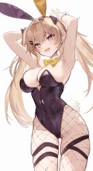  1girl absurdres alternate_costume animal_ears armpits arms_up backless_leotard black_leotard bow bowtie breasts brown_hair cleavage covered_navel detached_collar diieru fake_animal_ears fake_tail fang fishnet_pantyhose fishnets girls&#039;_frontline hair_ornament hairpin hands_up highres leotard long_hair looking_at_viewer multiple_hairpins open_mouth orange_eyes pantyhose playboy_bunny presenting_armpit rabbit_ears rabbit_tail scar scar_across_eye simple_background skin_fang skindentation smile solo tail twintails ump9_(girls&#039;_frontline) underboob white_background wrist_cuffs yellow_bow yellow_bowtie 