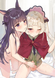 1boy 1girl absurdres animal_ears blonde_hair blunt_bangs cleft_of_venus fang_qiao handjob highres kasumi_(princess_connect!) kneeling loli long_hair necktie nude penis princess_connect! purple_eyes purple_hair pussy shota sitting tagme trap twintails uncensored yuki_(princess_connect!) rating:Explicit score:99 user:abexg