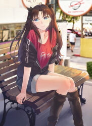  1girl alternate_costume bench black_hair black_jacket blue_eyes blue_shorts blurry blurry_background boots breasts brown_hair casual collarbone fate/stay_night fate_(series) feet_out_of_frame hair_ribbon highres jacket looking_up off_shoulder parted_bangs photo_background red_shirt ribbon shirt short_shorts shorts sign sitting small_breasts solo thighs tohsaka_rin two_side_up zhi_hei_zhi_ye 