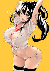1girl arms_up between_breasts bikini black_hair blue_eyes blush breasts cleavage fang front-tie_top hair_ribbon highres holding_own_arm kekemotsu large_breasts navel necktie necktie_between_breasts one_eye_closed open_mouth original ponytail ribbon shirt side-tie_bikini_bottom simple_background solo striped_clothes striped_thighhighs swimsuit tears thighhighs white_bikini white_shirt yawning yellow_background rating:Sensitive score:78 user:danbooru