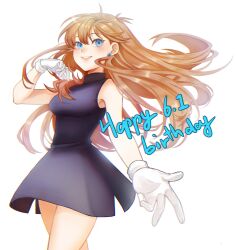  1girl ayan_ip bare_arms blue_eyes breasts brown_hair creatures_(company) dated dress earrings eyelashes floating_hair game_freak gloves green_(pokemon) grin hand_up happy happy_birthday highres jewelry long_hair nintendo pokemon pokemon_adventures sleeveless sleeveless_dress smile solo teeth white_background white_gloves 