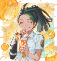  1girl ^_^ black_hair border closed_eyes closed_mouth collared_shirt commentary_request creatures_(company) cup drinking drinking_straw eyelashes food fruit game_freak glass green_hair highres juice multicolored_hair nemona_(pokemon) nintendo orange_(fruit) orange_background orange_juice orange_slice outside_border pawmi pokemon pokemon_(creature) pokemon_sv sasano_(fuyutomori) shirt smile solo streaked_hair two-tone_hair upper_body white_border white_shirt 