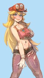 1girl adapted_costume blonde_hair blue_background blue_eyes blush bow_(bhp) breasts cappy_(mario) crop_top cutoffs fishnet_pantyhose fishnets gloves grabbing grabbing_another&#039;s_breast grabbing_own_breast large_breasts long_hair mario mario_(series) midriff mind_control navel nintendo no_bra pantyhose possessed possession princess_peach short_shorts shorts solo spaghetti_strap strap_slip super_mario_odyssey torn_clothes torn_pantyhose underboob very_long_hair white_gloves rating:Questionable score:54 user:danbooru
