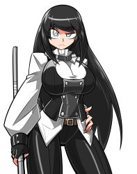 absurdres belt belt_buckle black_gloves black_hair black_pants breasts buckle cleavage_cutout clothing_cutout fingerless_gloves gloves hand_on_own_hip highres holding holding_weapon large_breasts long_hair looking_at_viewer original pants raised_eyebrow shirt simple_background staff ttang16 waistcoat weapon white_eyes white_shirt