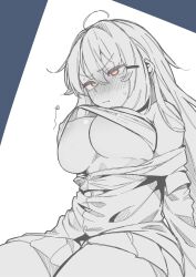  1girl absurdres ahoge arrow_(symbol) blush breasts closed_mouth clothes_lift covered_erect_nipples gangut_(kancolle) greyscale hair_between_eyes hair_ornament hairclip highres kantai_collection large_breasts long_hair monochrome nose_blush off_shoulder red_eyes scar scar_on_face shiawase_hougan shirt simple_background sitting sketch solo strapless sweat tube_top tube_top_lift two-tone_background white_shirt 