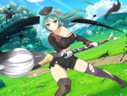  1girl attack bare_shoulders bashou_(senran_kagura) belt_pouch blade_of_grass blunt_bangs blunt_ends blunt_sidelocks blunt_tresses blush body_blush breasts bush calligraphy_brush cleavage collarbone cross-laced_footwear dandelion day flower giant_brush glaive_(polearm) gloves grass green_hair hair_flower hair_ornament hat hebijo_academy_uniform holding holding_calligraphy_brush holding_paintbrush holding_polearm holding_weapon infinity_symbol ink inkblot large_breasts lens_flare light_particles light_rays long_hair looking_at_viewer military_hat military_uniform mountain mountainous_horizon official_alternate_costume official_art outdoors paintbrush paintbrush_hair_ornament path plant polearm pouch purple_eyes purple_thighhighs road school_uniform senran_kagura senran_kagura_new_link senran_kagura_new_wave shiny_skin sky solo sparkle standing sunbeam sunlight thighhighs torn_boots torn_clothes torn_sleeve torn_thighhighs tree uniform weapon white_flower white_gloves yaegashi_nan yellow_flower 