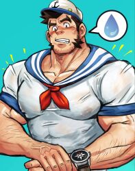  1boy anchor_symbol another_eidos-r aqua_background bara beard_stubble black_hair blue_sailor_collar blush collarbone covered_erect_nipples embarrassed facial_hair hat highres holding_own_wrist large_pectorals looking_down male_focus muscular muscular_male mutton_chops neckerchief pectorals pyce_sailor_(another_eidos) red_neckerchief sailor sailor_collar sailor_hat sailor_shirt shirt short_hair simple_background solo sparse_arm_hair spoken_sweatdrop stubble suamaru sweatdrop taut_clothes taut_shirt thick_eyebrows upper_body veins veiny_hands wrist_compass 