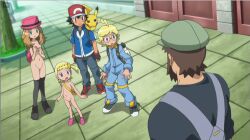 2boys 2girls ash_ketchum black_footwear black_hair black_thighhighs blonde_hair blue_eyes bonnie_(pokemon) cleft_of_venus clemont_(pokemon) clothed_male_nude_female creatures_(company) exhibitionism flat_chest game_freak gen_1_pokemon hat light_brown_hair loli multiple_boys multiple_girls nintendo nipples nude nude_filter outdoors pikachu pink_footwear pink_hat pokemon porkpie_hat public_indecency public_nudity pussy serena_(pokemon) tagme thighhighs third-party_edit