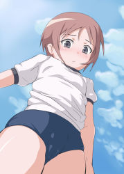  blush buruma cameltoe cleft_of_venus cloud day flat_chest from_below grey_eyes gym_uniform highres loli looking_down non-web_source outdoors pink_hair short_hair sky solo zundarepon  rating:Questionable score:23 user:danbooru