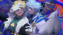 2boys aqua_shirt aventurine_(honkai:_star_rail) clothing_cutout collared_shirt earrings fur_trim gloves grey_hair hair_between_eyes hand_on_another&#039;s_face head_wings highres honkai:_star_rail honkai_(series) jewelry looking_at_another male_focus medium_hair multicolored_eyes multiple_boys neck_tattoo nowapng open_mouth pectoral_cleavage pectorals shirt short_hair sunday_(honkai:_star_rail) tattoo two-tone_eyes white_gloves wings yellow_eyes 