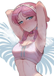  1girl arknights armpits arms_behind_head belt_collar blue_poison_(arknights) blue_poison_(shoal_beat)_(arknights) blush bra braid closed_mouth collar gino_(gino_h) hair_over_shoulder hairband head_tilt highres horizontal_pupils long_hair looking_at_viewer official_alternate_costume pink_bra pink_hair presenting_armpit smile solo sweat training_bra twin_braids underwear upper_body  rating:Sensitive score:68 user:danbooru