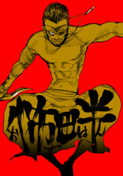  1boy abs absurdres blade_of_the_immortal bracer commentary_request highres holding holding_weapon jewelry knees_apart_feet_together legs_folded limited_palette looking_at_viewer male_focus mask midair minoda_(mndh) monkey_mask necklace ozuhan pants short_hair skirt solo toned topless_male translation_request weapon widow&#039;s_peak wristband 