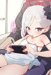  1boy 1girl absurdres black_shirt blue_archive blue_pants blush camisole collarbone doroshe_(sdpw8474) flat_chest grey_hair halo handheld_game_console highres holding holding_handheld_game_console indoors loli long_hair mutsuki_(blue_archive) nipples pants parted_lips pink_eyes playing_games pointy_ears red_halo shirt side_ponytail speech_bubble translation_request white_camisole 