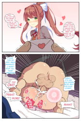  1boy 1girl anus ass auburn_hair bed bed_sheet black_thighhighs blush bow breasts closed_mouth cum cum_in_pussy dark_gargo doki_doki_literature_club dot_nose english_text feet_up fertilization green_eyes hair_bow hair_ornament happy_sex heart hetero highres impregnation letter love_letter mating_press monika_(doki_doki_literature_club) motion_lines on_bed cum_overflow ovum penis ponytail sex spread_legs testicles thighhighs third-party_edit trembling vaginal veins veiny_penis white_bow  rating:Explicit score:187 user:OrdosHereticus