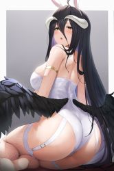  1girl albedo_(overlord) ass bare_shoulders black_hair blush breasts demon_girl demon_horns from_behind futon_fly_away garter_straps highres horns huge_ass large_breasts leotard long_hair looking_at_viewer open_mouth overlord_(maruyama) shiny_clothes shiny_skin sideboob sitting solo thick_thighs thighhighs thighs very_long_hair wings yellow_eyes yokozuwari  rating:Questionable score:76 user:armorcrystal