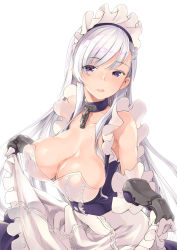 1girl apron apron_lift azur_lane bare_shoulders belfast_(azur_lane) blue_dress blue_eyes braid breasts chain cleavage clothes_lift collar collarbone corset dress french_braid frilled_apron frills gauntlets gloves highres large_breasts long_hair looking_at_viewer looking_to_the_side maid maid_apron maid_headdress open_mouth shiny_skin silver_hair simple_background smile solo thomasz white_apron white_background white_gloves rating:Sensitive score:30 user:danbooru