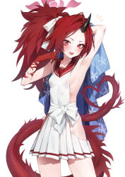  1girl absurdres armpits black_horns blue_archive blush breasts cowboy_shot dragon_tail eyeshadow halo highres horns long_hair looking_at_viewer makeup open_mouth pleated_skirt ponytail red_eyes red_eyeshadow red_hair red_halo red_sailor_collar red_tail renge_(blue_archive) sailor_collar sideboob single_horn skirt small_breasts smile solo tail white_skirt yanyo_(ogino_atsuki) 