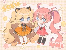  2girls :3 ahoge animal_ears black_necktie black_sailor_collar blonde_hair bloomers blue_eyes bright_pupils cat_ears character_name closed_mouth collared_dress deformed dress facial_mark fake_animal_ears frilled_sleeves frills grey_ribbon hair_between_eyes hair_ribbon heart heart-shaped_pupils hn_(artist) holding_hands long_hair long_sleeves looking_at_viewer multiple_girls necktie orange_dress orange_footwear pink_dress pink_hair ribbon sailor_collar seeu side_ponytail smile star-shaped_pupils star_(symbol) symbol-shaped_pupils thighhighs underwear uni_(vocaloid) very_long_hair vocaloid wavy_hair white_bloomers white_pupils white_ribbon white_thighhighs 