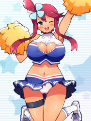  10s 1girl alternate_costume blue_eyes blue_shirt blue_skirt blush bow bow_panties breasts cheerleader chro_(rulurullu) cleavage_cutout clothing_cutout creatures_(company) crop_top female_focus game_freak gym_leader hair_ornament heart heart_cutout jumping large_breasts long_hair looking_at_viewer midriff miniskirt navel nintendo one_eye_closed open_mouth panties pantyshot pokemon pokemon_bw pom_pom_(cheerleading) print_skirt red_hair shirt shoes skirt skyla_(pokemon) sneakers solo star_(symbol) starry_background striped striped_background sweat underwear white_footwear white_panties  rating:Sensitive score:152 user:dmysta3000