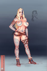 1girl ankle_wrap arm_tattoo armband barefoot bbc-chan belt blonde_hair blue_eyes blue_nails breast_tattoo breasts celtic commentary commission facepaint fantasy female_pubic_hair forehead freckles full-body_tattoo full_body hair_ribbon hand_on_own_hip highres jewelry large_breasts leg_tattoo lips long_hair long_legs multiple_belts nail_polish necklace nipples nude original perky_breasts pubic_hair pussy ribbon solo standing stomach_tattoo tattoo thick_thighs thigh_strap thighs toenail_polish toenails toes toned tribal uncensored viking_chan rating:Explicit score:96 user:danbooru