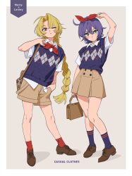  2girls ahoge argyle argyle_clothes argyle_sweater_vest bag blonde_hair blue_socks blue_sweater_vest boots border bow brown_footwear brown_shorts brown_skirt buttons collared_shirt double-breasted full_body green_eyes grey_background hair_bow hair_intakes hand_on_headwear high_heel_boots high_heels highres holding holding_bag knees_together_feet_apart legs_apart long_hair looking_at_viewer low-braided_long_hair low-tied_long_hair medium_hair moya_(toatomoot) multiple_girls neckerchief original parted_bangs purple_hair red_bow red_eyes red_neckerchief red_socks shadow shirt shorts shoulder_bag sidelocks simple_background skirt socks sweater_vest v-neck white_border white_shirt 