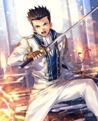  1boy angry artist_request ascot belt belt_buckle black_hair blue_collar brown_eyes brown_gloves buckle buttons collar double-breasted dual_wielding fighting_stance fingerless_gloves fire gloves gold_buckle gold_buttons holding holding_sword holding_weapon hortensia_saga jacket katana light_particles long_sleeves looking_at_viewer male_focus military military_uniform official_art on_one_knee oogami_ichirou open_mouth pants pocket red_tassel sakura_taisen second-party_source sega serious shadow shoes short_hair smile solo spiked_hair sword sword_tassle teeth uniform upper_teeth_only v-shaped_eyebrows weapon white_ascot white_belt white_footwear white_jacket white_pants white_sleeves white_uniform 