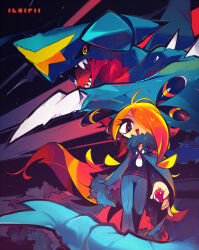 1girl artist_name black_sclera coat colored_sclera commentary_request creatures_(company) cynthia_(pokemon) deformed fur-trimmed_coat fur_collar fur_trim game_freak garchomp gen_4_pokemon hair_over_one_eye looking_at_viewer nintendo open_mouth orange_eyes pokemon pokemon_(creature) red_eyes red_hair sharp_teeth smile suzuka_g teeth tongue 