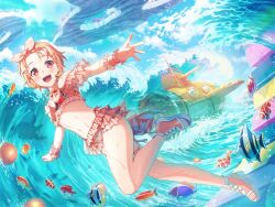  1girl :d bang_dream! bikini earrings fish floral_print frilled_bikini frills hair_ornament hairband hairclip jewelry kitazawa_hagumi leg_lift legs nail_polish necklace ocean official_art open_mouth orange_hair orange_nails outstretched_arms red_eyes sandals sarong sea_turtle short_hair smile submarine swimsuit third-party_source toenail_polish toenails toes turtle underwater water watercraft waves wrist_cuffs 
