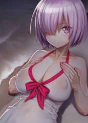 1girl bare_shoulders blush breasts cleavage closed_mouth commentary_request covered_erect_nipples dress fate/grand_order fate_(series) fingernails hair_over_one_eye highres large_breasts looking_at_viewer lying mash_kyrielight mash_kyrielight_(swimsuit_of_perpetual_summer) minazuki_juuzou official_alternate_costume on_back purple_eyes purple_hair sand short_hair sleeveless sleeveless_dress smile solo white_dress rating:Questionable score:23 user:danbooru