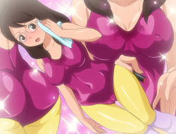 10s 1girl ass bare_arms bare_shoulders blush breasts brown_eyes brown_hair dutch_angle covered_erect_nipples glasses keita&#039;s_mother large_breasts legs leotard long_hair looking_at_viewer makino_tomoyasu mature_female open_mouth smile socks standing sweat thighs towel youkai_watch rating:Questionable score:94 user:Ynyswydryn