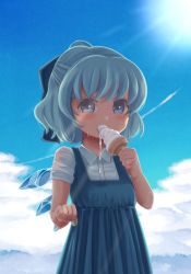 1girl bad_id bad_pixiv_id blue_hair bow cirno cloud cutting_(mkjtl) day detached_wings eating food hair_bow highres ice ice_cream ice_wings jeolchwiseon_(dotted_line) short_hair short_sleeves sky solo sun sweat touhou wings yukinon rating:Sensitive score:5 user:danbooru