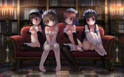 4girls black_hair book bookshelf breasts brown_eyes brown_hair candle candlestand casual_nudity checkered_floor couch detached_sleeves hand_on_own_chest hands_on_own_chest highres iuro loli long_hair maid maid_headdress multiple_girls nipples no_shoes nude original short_hair sitting small_breasts smile thighhighs rating:Explicit score:189 user:danbooru