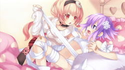  &gt;:o 10s 2girls :o angry bandages bandaid bandaid_on_knee bandaid_on_leg bdsm bed bondage bound bow breasts choujigen_game_neptune collar compa covering_privates crying d-pad entangled eye_contact female_focus flat_chest game_cg hair_ornament headband heart heart_print highres long_hair looking_at_another lying multiple_girls naked_bandage neptune_(neptunia) neptune_(series) nude official_art on_back on_bed open_mouth orange_eyes orange_hair pillow pink_eyes pink_hair purple_hair sarashi short_hair sweater tears thighhighs tsunako v-shaped_eyebrows wavy_hair yuri  rating:Questionable score:101 user:danbooru