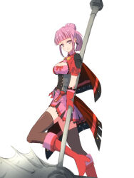  1girl axe battle_axe blunt_bangs fire_emblem fire_emblem:_three_houses fire_emblem_warriors:_three_hopes freikugel_(weapon) hilda_valentine_goneril holding holding_polearm holding_weapon igamushi4848 long_hair looking_at_viewer nintendo pink_eyes pink_hair polearm red_footwear weapon 