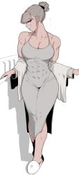  1girl abs breasts cleavage dress earphones full_body grey_dress grey_eyes hair_bun highres jacket large_breasts looking_at_viewer muscular muscular_female oddsnail original scar scar_on_face slippers solo tight_clothes tight_dress white_background 
