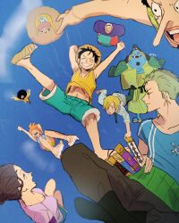  ^_^ afro alternate_form arm_behind_head arm_up black_hair blonde_hair blue_shirt brook_(one_piece) clenched_hand closed_eyes commentary_request cyborg earrings facial_hair falling feather_boa feichangkou fish_boy franky_(one_piece) geta goatee green_hair hair_bun hair_over_one_eye haori haramaki hat headphones highres japanese_clothes jewelry jinbe_(one_piece) kimono long_nose monkey_d._luffy nami_(one_piece) nico_robin one_piece open_mouth roronoa_zoro sanji_(one_piece) scar scar_across_eye scar_on_face shirt sky straw_hat sword tony_tony_chopper usopp weapon 