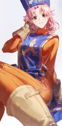  1girl absurdres arm_support blue_hat blue_tabard blurry blurry_foreground blush bodysuit boots breasts brown_eyes commentary_request cosplay dragon_quest dragon_quest_dai_no_daibouken feet_out_of_frame gloves gradient_background hand_up hat highres kangso large_breasts looking_at_viewer maam medium_hair orange_bodysuit parted_bangs parted_lips pink_hair priest_(dq3) priest_(dq3)_(cosplay) sitting smile solo tabard turtleneck turtleneck_bodysuit yellow_footwear yellow_gloves 