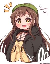  1girl :d alternate_hair_length alternate_hairstyle bang_dream! black_jacket blush brown_eyes brown_hair cropped_torso drawstring dress earrings hazawa_tsugumi highres hood hood_down hooded_jacket jacket jewelry long_hair looking_at_viewer notice_lines open_clothes open_jacket open_mouth simple_background smile solo translation_request twitter_username upper_body very_long_hair white_background yellow_dress yuya090602 