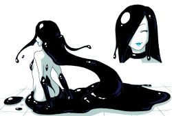  1girl ^_^ ass black_hair blue_lips breasts choker closed_eyes gretal_(nitrotitan) hair_over_one_eye jaggy_lines lipstick long_hair makeup modeseven monster_girl pale_skin simple_background slime_girl small_breasts smile white_background  rating:Explicit score:103 user:Amaterasu3