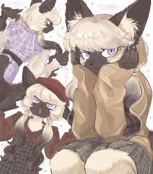  1girl :i animal_ear_fluff animal_ears beret blonde_hair body_fur brown_fur brown_hair brown_sweater cat cat_ears cat_girl cat_tail character_name claws closed_mouth commentary_request dress fangs furry furry_female hand_in_own_hair hands_on_own_face hands_up hat highres long_hair looking_at_viewer looking_back low_twintails multiple_views original plaid plaid_skirt purple_dress purple_eyes rata_(norahasu) red_hat siamese_cat simple_background skirt slit_pupils sweater tail tiara_(norahasu) twintails upper_body whiskers white_background 