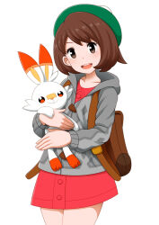  1girl :d backpack bag brown_bag brown_eyes brown_hair buttons cardigan collared_dress commentary_request creatures_(company) dress eyelashes game_freak gen_8_pokemon gloria_(pokemon) green_hat grey_cardigan happy hat hedorobakudan holding holding_pokemon hood hood_down hooded_cardigan long_sleeves nintendo open_mouth pokemon pokemon_(creature) pokemon_swsh scorbunny short_hair simple_background smile tam_o&#039;_shanter teeth upper_teeth_only white_background 