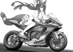  1girl animal_ear_fluff animal_ears bikini blue_archive bow breasts closed_mouth flip-flops flower fox_ears fox_girl fox_tail full_body greyscale hair_between_eyes hair_bow halo highres jun_project kawasaki kawasaki_ninja_zx-10r large_breasts leaning leaning_forward long_hair looking_ahead monochrome motor_vehicle motorcycle official_alternate_costume product_placement sandals shoe_soles simple_background solo swimsuit tail wakamo_(blue_archive) wakamo_(swimsuit)_(blue_archive) white_background wind 