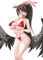  absurdres bikini black_hair black_wings blue_archive breasts christmas christmas_bikini collarbone curvy deer_horns fake_horns hasumi_(blue_archive) highres horns huge_breasts long_hair looking_at_viewer navel panties panty_pull red_bikini red_eyes simple_background swimsuit thighs underwear white_background wings zzo_(chorizzzzo)  rating:Questionable score:31 user:Xander