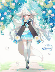  1girl ahoge animal_ear_fluff animal_ears ascot asymmetrical_legwear bare_shoulders bell black_footwear black_sash blue_bow blue_dress blue_ribbon bow bowtie braid bug butterfly collar collared_dress commission detached_sleeves dress facing_away floating_hair floor flower foot_up fox_ears fox_girl fox_tail frilled_collar frilled_dress frilled_sleeves frills full_body grass hair_between_eyes hair_ornament hair_scrunchie hand_up highres insect large_ears large_tail layered_dress leaf long_hair long_sleeves low_twintails mismatched_legwear nana_kusun original outdoors parted_lips plant puffy_long_sleeves puffy_sleeves red_eyes ribbon rose sakurada_shiro_(hy_plus) sakurada_shiro_(original)_(hy_plus) sash scrunchie short_dress side_braid sleeveless sleeveless_dress sleeves_past_wrists solo standing straight-on tail thank_you thighhighs twintails vertical-striped_sash very_long_hair walking white_ascot white_dress white_flower white_hair white_rose white_thighhighs 