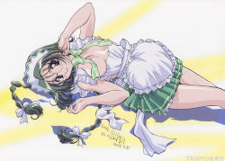 00s 1girl apron bare_shoulders bow braid breasts convenient_censoring dated glasses green_hair hair_bow ishino_satoshi long_hair looking_at_viewer lying maid maid_apron maid_headdress midorikawa_lettuce on_back parted_lips ribbon signature solo tokyo_mew_mew twin_braids rating:Questionable score:6 user:danbooru